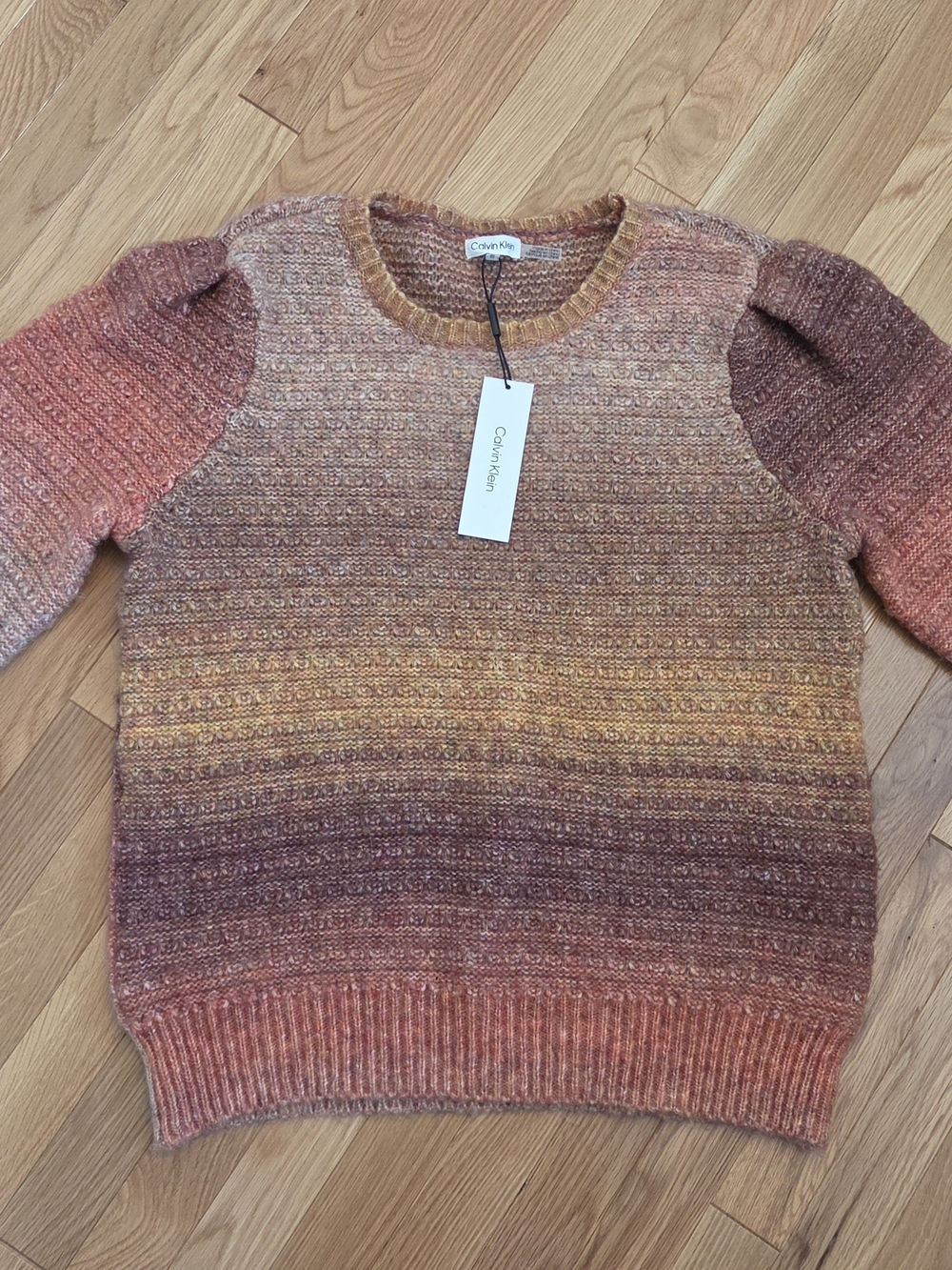 NWT Calvin Klein Womens Gradient Crewneck Sweater in Peach, Rust & Gold Tones XL